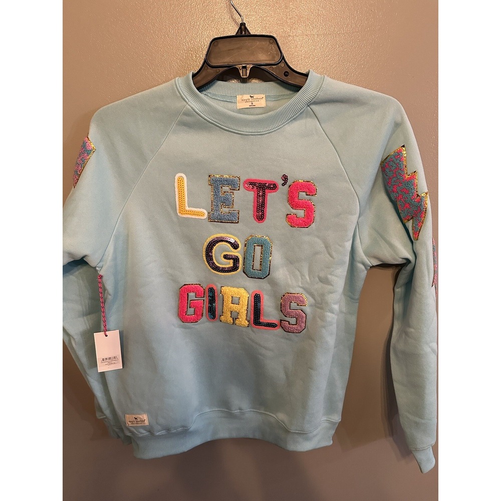 Simply Southern Let's Go Girls Sequin Lightning Bolt‎ Sweatshirt Light Blue S